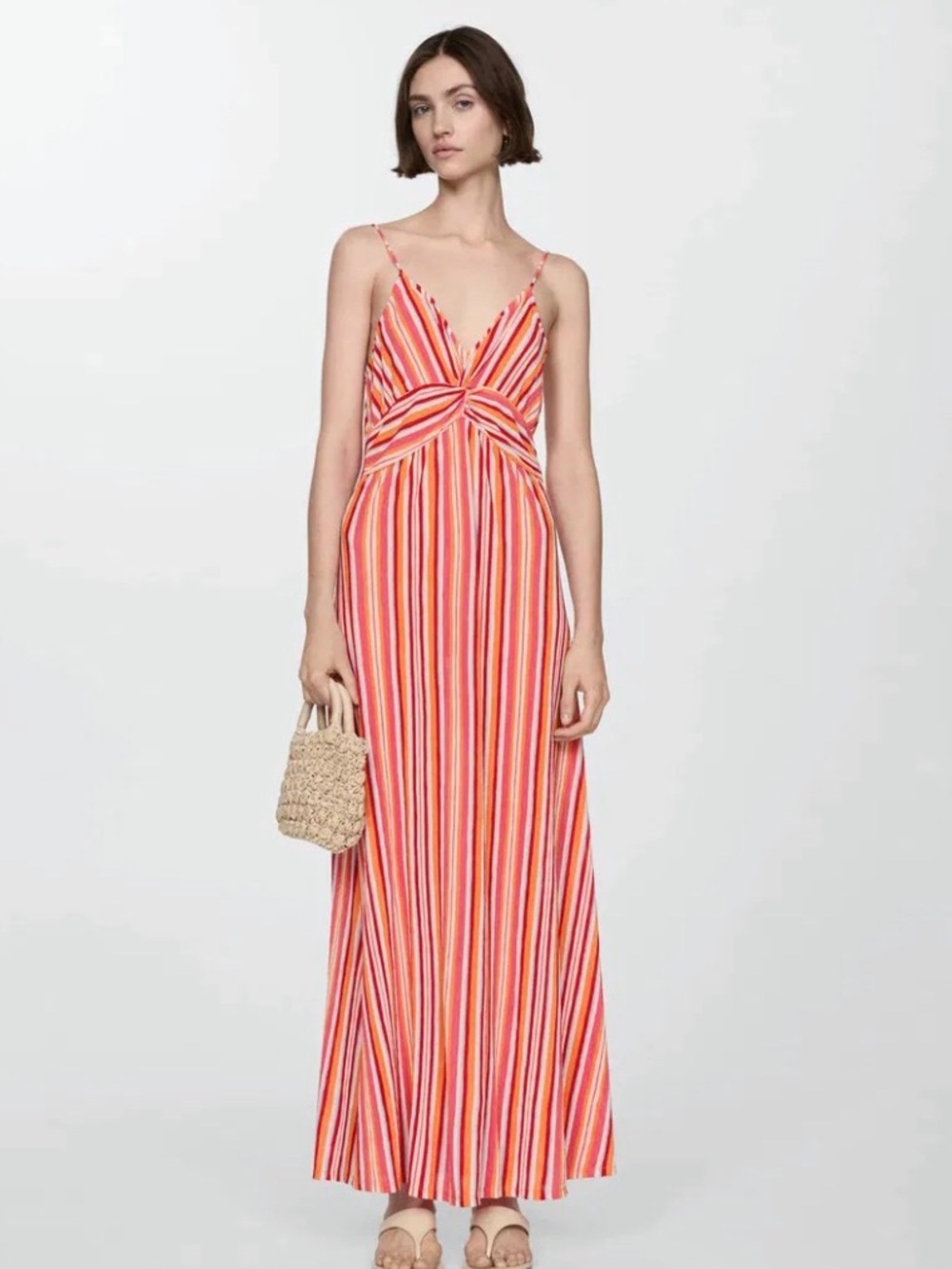 Mango Striped Maxi Dress in Orange/Pink, V-neckline and thin, lightweight size 8